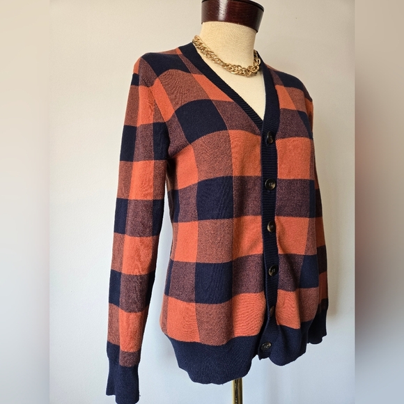 ASPEN Plaid V-Neck Cotton Cardigan Sweater -Burnt Orange and Navy. Size Small - Picture 2 of 10